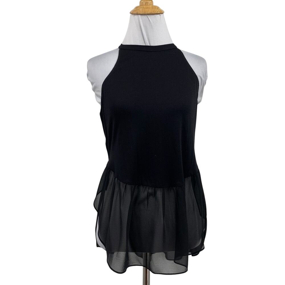BCBGeneration Top Womens XS Extra Small Black Mixed Media Sheer Hem High Neck